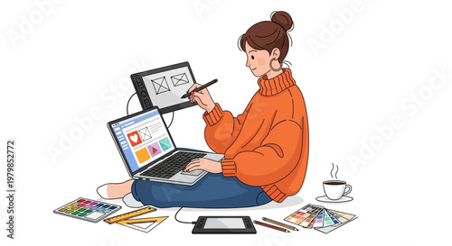 Young woman designing graphics on laptop with digital tablet