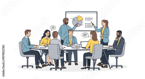 Team brainstorming session with pie chart presentation in modern office