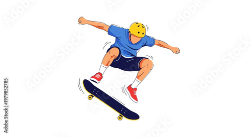 Dynamic illustration of skateboarder performing a trick in mid-air