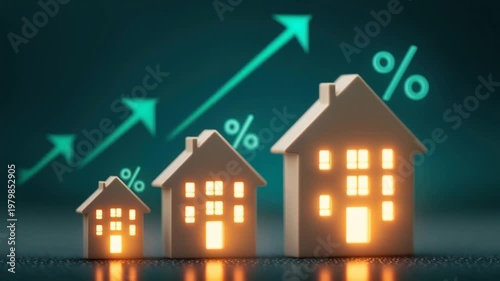Illuminated miniature houses with rising percentage arrows showing real estate market growth and increasing interest rates