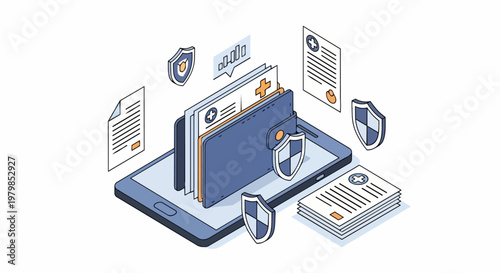 Isometric Illustration of Health Insurance Management on Smartphone with Digital Wallet and Medical Documents for Data Protection and Security Concept