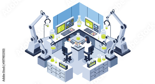 This isometric vector shows two scientists in a high-tech automated laboratory surrounded by robotic arms and chemical equipment.