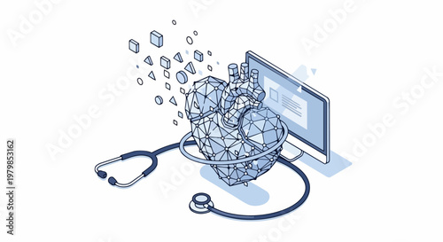 Isometric Digital Cardiology and Medical Technology Illustration with Wireframe Heart and Stethoscope