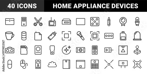 Consumer electronics and household appliance icon set in flat design.