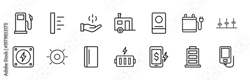 Electric vehicle and power charging line icon set