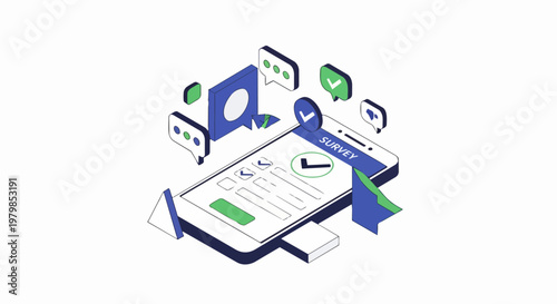 Isometric Online Survey and Customer Feedback Illustration on Smartphone App