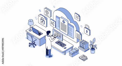 Doctor Managing Electronic Health Records in Secure Cloud Storage, Isometric Healthcare Technology and Data Security Illustration