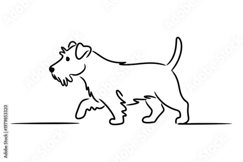 Black and white minimalist line of a walking dog with floppy ears line black and white animal