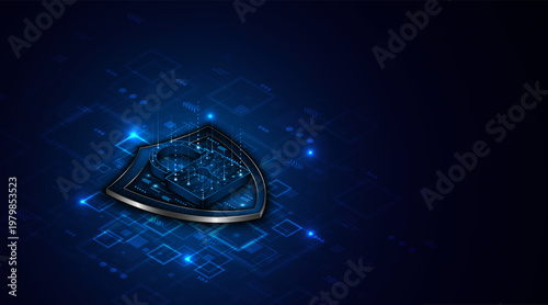 Cyber ​​security concept with shield symbol and lock. Data protection and cyber privacy. Innovative concept of advanced safety technology