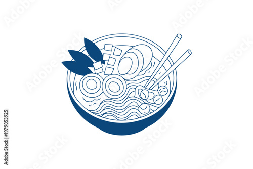 Blue and white of a bowl of ramen noodles with toppings and chopsticks soup
