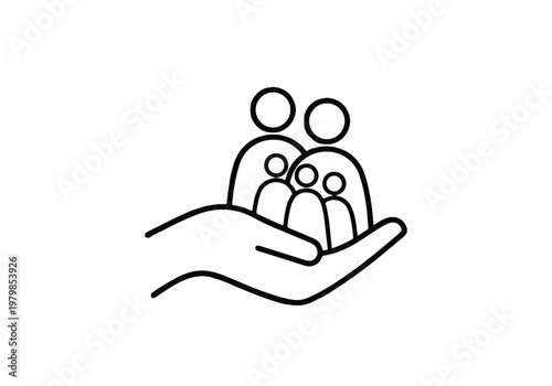 A hand cradling a group of people in a protective and caring gesture.