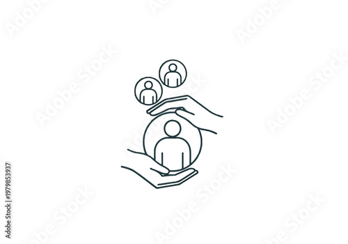 A minimalist line drawing of hands protecting and supporting people