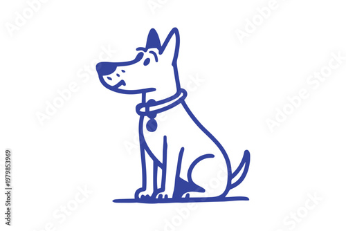 Blue cartoon dog sitting and looking up with collar and tag