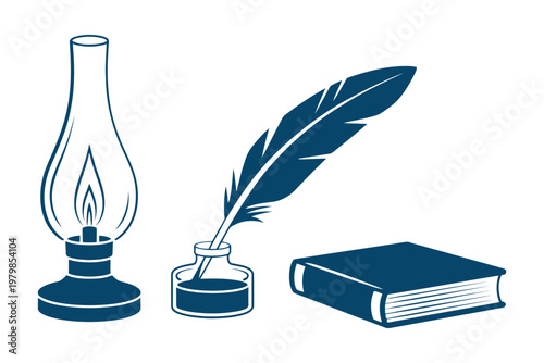 Blue vintage oil lamp feather quill inkwell and book blue oil lamp vintage feather quill closed book