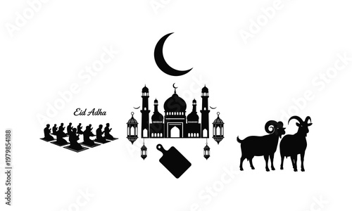 Eid adha vector illustration, muslims praying, mosque, moon, chopping board, goats silhouette
