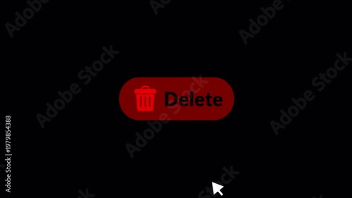 'DELETE' button with trash icon animation. Mouse  cursor throws garbage in trash bin , signifying data removal or system clean up symbol animation  in 4k video on  black background 
