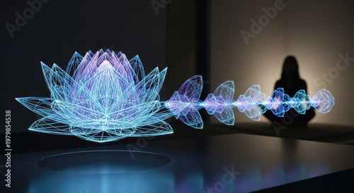 Holographic lotus flower visualization guides meditation and breathing exercises