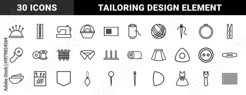 Tailoring and sewing minimalist line icon set for needlework and embroidery design.