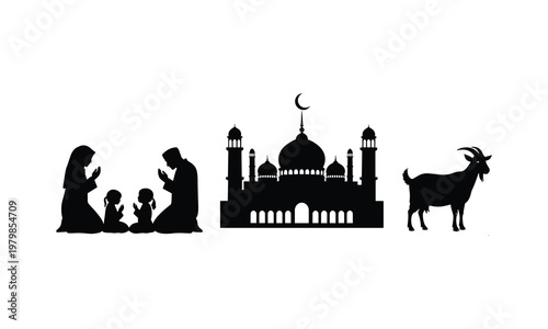 Islamic family praying at mosque with goat vector silhouette illustration