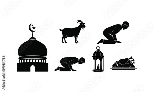Islamic prayer vector silhouette illustration featuring mosque goat lantern and food icons