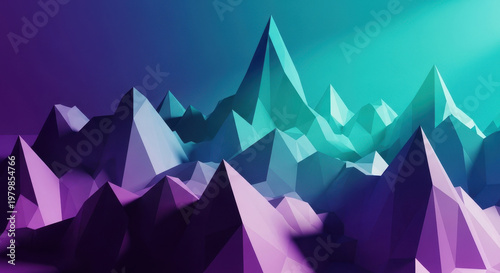 Abstract low poly mountain landscape with vibrant purple and teal gradient