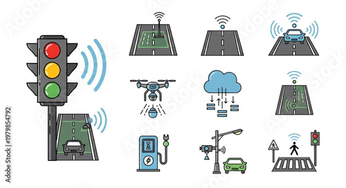 Smart City Transportation Technology Icons Set.