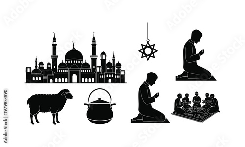 Mosque with sheep, pot and praying people vector silhouette illustration