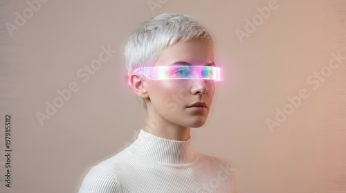 Futuristic wearable technology and augmented reality interface. Digital innovation and virtual vision. Woman wearing glowing smart glasses with neon light display in a studio setting