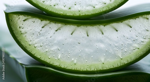 Macro view of fresh aloe vera gel slices showing translucent texture with internal droplets, perfect for skincare and natural beauty applications.