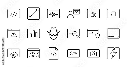 Minimalist web development and programming coding outline icon set
