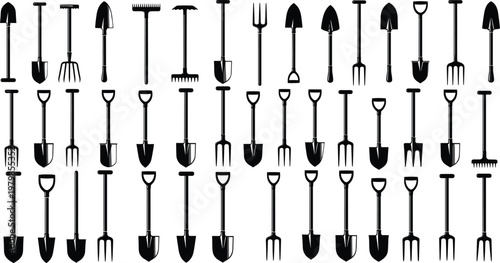 Extensive collection of black vector garden tool silhouettes, featuring various shovels, rakes, and pitchforks, representing farming, agriculture, construction, gardening equipment, and handheld 