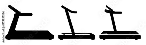 Cardio treadmill machine set with solid black icon design featuring fitness, exercise, running with workout and gym equipment