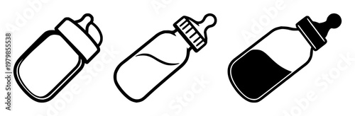 Pediatric baby bottle icon set with solid black silhouette against white background featuring baby bottle, pediatric, healthcare with minimalist and bold line style