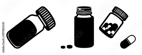Pill bottle icon set with minimalist solid black design featuring medicine, healthcare, pharmacy with prescription and medication