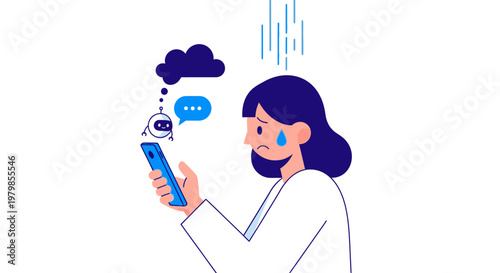 Sad woman crying while using smartphone in rain