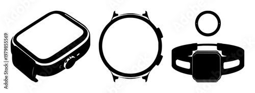 Smartwatch set with solid black icon on white background featuring fitness, wearable, smartwatch with icon design and monochrome