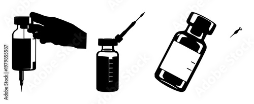 Vaccine vial and needle set with solid black icon on white background featuring biotech, illustrations, vector graphics with glyph and iconography