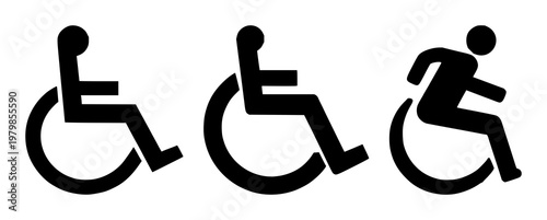 Wheelchair symbol set with solid black icon featuring accessibility, disability, disabled with support and assistance