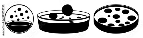Petri dish set with solid black icon on white background featuring cell culture, microbiology, laboratory with bacteria and research