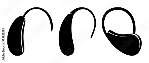 Hearing aid devices set with solid black icon on white background featuring healthcare, medical, assistive technology with accessibility and sound amplification