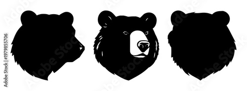 Stock market bear head icon set with solid black silhouette on white background featuring finance, bearish, symbol with bold outline and negative space