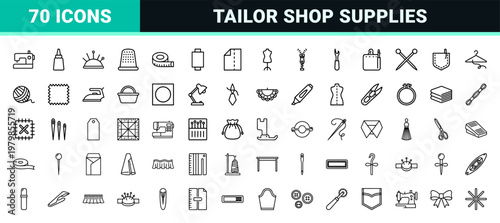 Sewing and tailoring minimalist line icon set for needlework and fashion design.