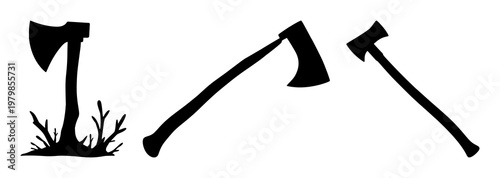 Solid black icon, white background: sustainable wood forestry axe set with simple line art design featuring sketches, drawings, vector graphics with minimalist and simple illustrations