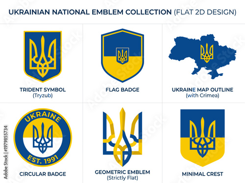 Ukraine emblem collection including trident tryzub, flag badge, map silhouette, and geometric crest