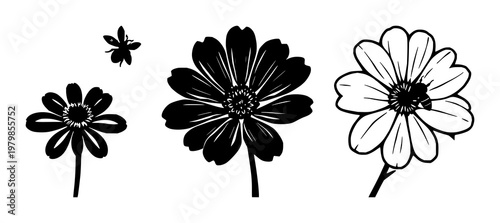 Bee-friendly garden flower icons set with solid black illustration on white background featuring bee-friendly, garden, flower with icons and black graphic