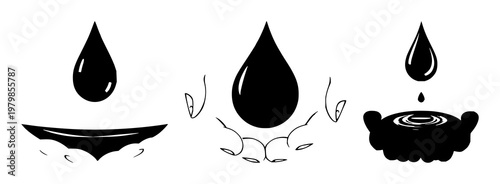 Water drop set with solid black icon on white background featuring hand shapes, water drop, cupped hands with graphic design and minimalism