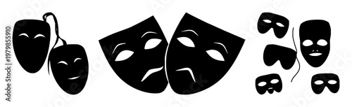 Theater masks set with solid black silhouettes on white background featuring comedy mask, tragedy mask, icon with entertainment and arts