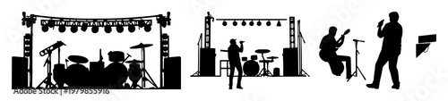 Music festival set with solid black icon on white background featuring music, festival, iconography with event and entertainment