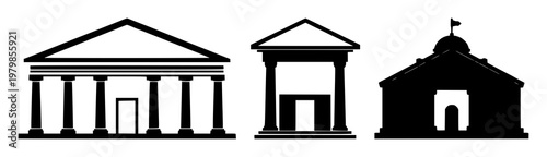 Museum set with solid black icon on white background featuring cultural, heritage, architecture with museum and museum building