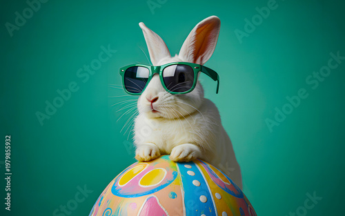 White easter bunny in sunglasses sits on colorful egg